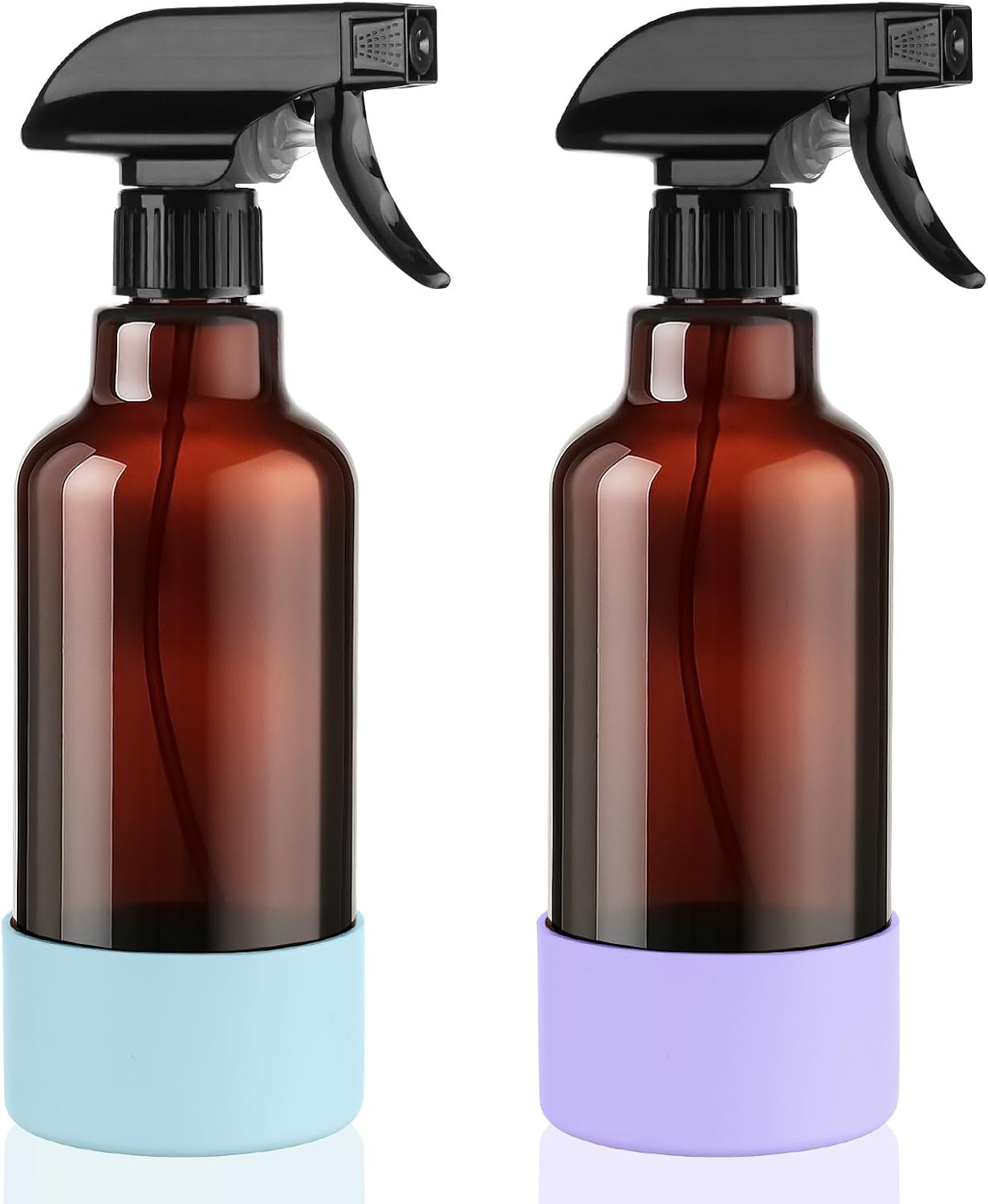 Glass Spray Bottles with Silicone Sleeve 16.9oz 2 Pack Empty Spray Bottle for Hair Mist/Stream Spraying for Cleaning Solutions, Plants, Essential Oils (Brown-qblue&purple)