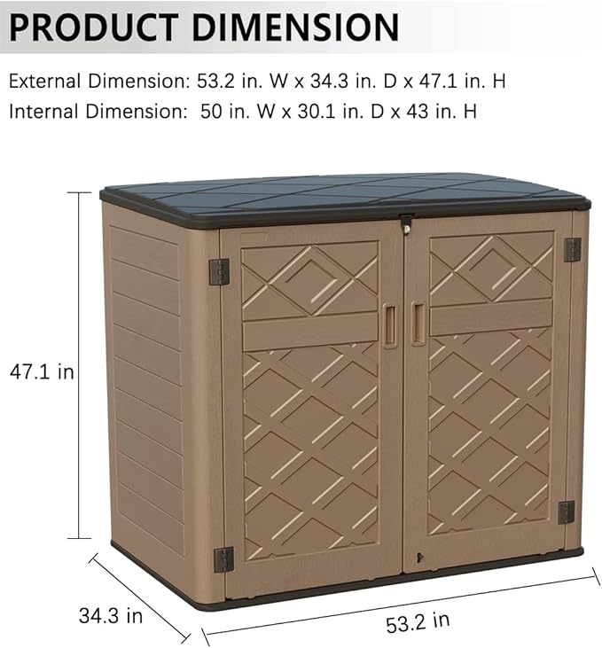 KINYING Larger Outdoor Storage Shed Weather Resistance, Resin Sheds & Outdoor Storage for Garden, Patios, Backyards, 48 Cu.Ft Tool Shed for Garbage Cans, Lawn Mower, Garden Tools,Brown
