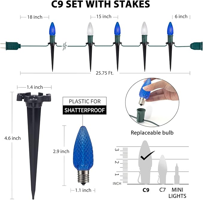 Brightown Strawberry C9 Christmas String Lights Outdoor - 25.7FT 20 LED Pathway, Connectable C9 Walkway, Waterproof Decoration for Lawn Outside - Blue & Pure White