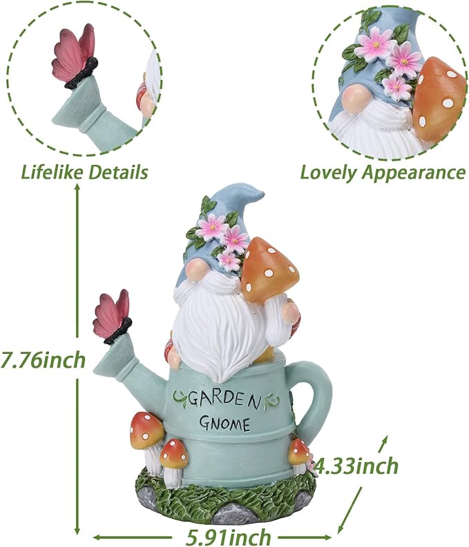 Garden Gnome Statue, Novelty Gnome Outdoor Figurine with Watering Can Shape and Flowers Butterfly Decor - Resin Gnome Sculpture with Mushroom Solar Lights for Porch Patio Yard Outdoor Decor
