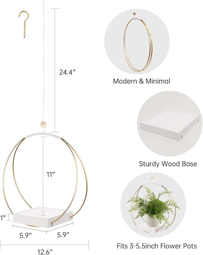 2 Pack Hanging Planter Holder for Indoor Plants, Plant Hanger with Sturdy Wood Base,Modern Boho Macrame Wall Ceiling Window Stands(Plants/Pots Not Included)