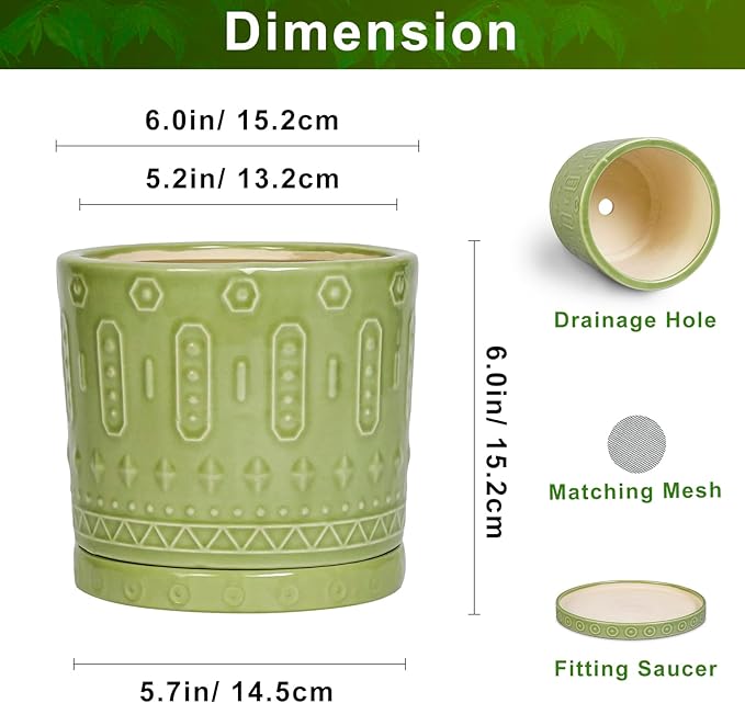 Ceramic Pot for Plants - 6 Inch Indoor Planter with Drainage Hole and Saucer, Round Decorative Flower Pots Outdoor, Boho Succulent Planter, Garden Home Decor, Gifts for Plant Lover, Green