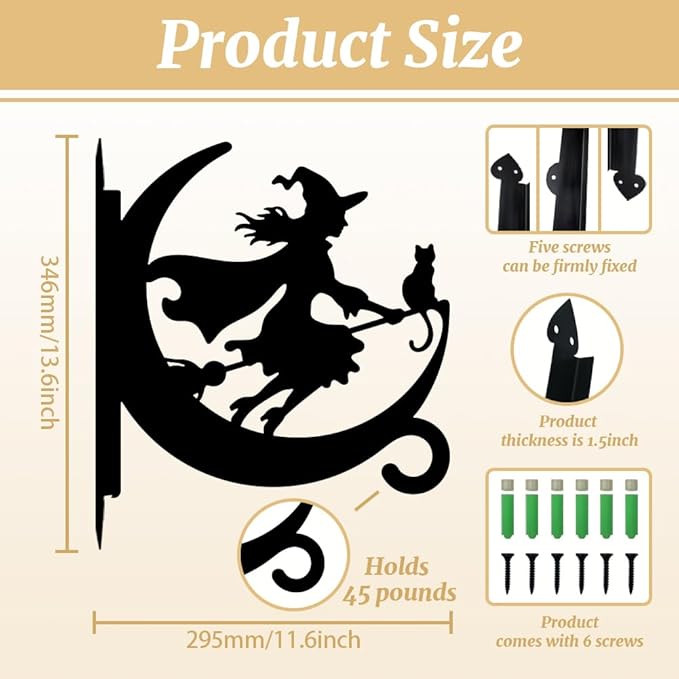 peacoblue Iron Plant Hangers Hooks for Outdoor Indoor Hanging Plants Flower Fern Pots Lantern Bird Feeder,11.6"x13.6" Weather Resistant Metal Wall Holder for Porch Garden Farmhouse(Witch and Cat)