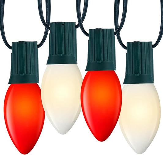 Minetom Outdoor Christmas Lights, 50 FT Vintage Red and White C9 Christmas String Lights for Christmas Holiday Indoor Room Roofline Backyard Garden Patio Home Decor, E17 Base, Green Wire