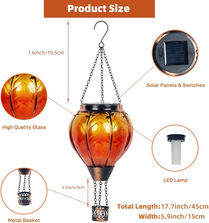 Starsoul Orange Solar Hot Air Balloon Lantern Glass Hot Air Balloon Solar Lantern with Flickering Flame Light Outdoor Solar Hanging Lights Waterproof for Garden Yard Patio