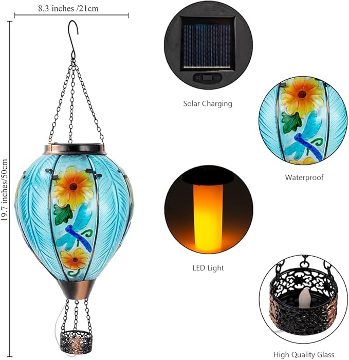 Starsoul Large Solar Hot Air Balloon Lantern with Flame Dragonfly Glass Hanging Outdoor Hot Air Balloon Solar Light Waterproof Garden Patio Yard Party Decorations
