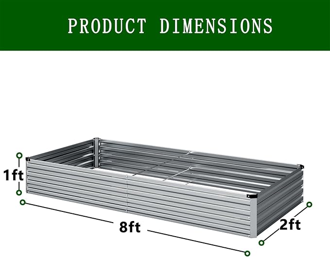 2 Pcs 8×2×1FT Galvanized Raised Garden Bed，Metal Planting Box for Outdoor Vegetable, Herb,Planter Gardening (Silver)