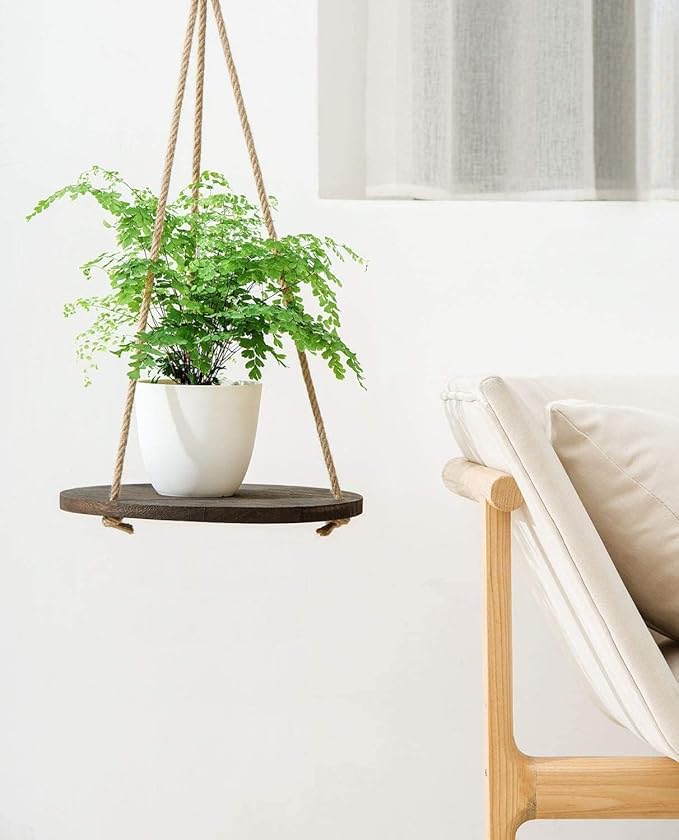 Dahey Hanging Plant Shelf Round Wood Rope Hanging Floating Shelf Vintage Home Decor Display Planter Rack for Living Room Bedroom Kitchen, Dark Brown