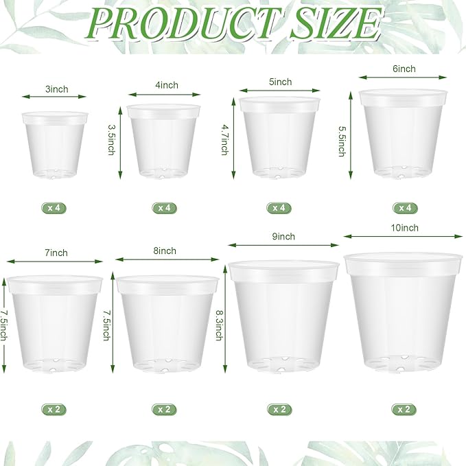 Vesici Large Size Clear Nursery Pots Variety Pack Plant Pots with Drainage Holes Planters for Indoor Plants Flexible Transparent Plastic Plant Bottle Succulents(24 Pcs,3/4/5/6/7/8/9/10 Inch)