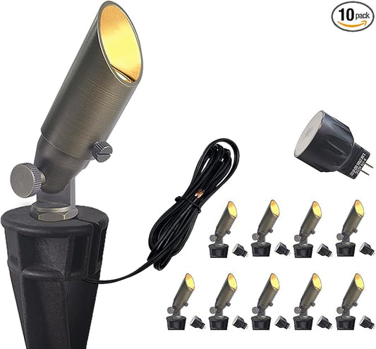 COLOER Mini Size Die-cast Brass Landscape SpotLights Outdoor, 12Volt AC/DC Low Voltage Landscape Lights Fixture,IP65 Waterproof Trees Directional Spot Up Light(104B, Bronze, 10-Pack with Bulb)