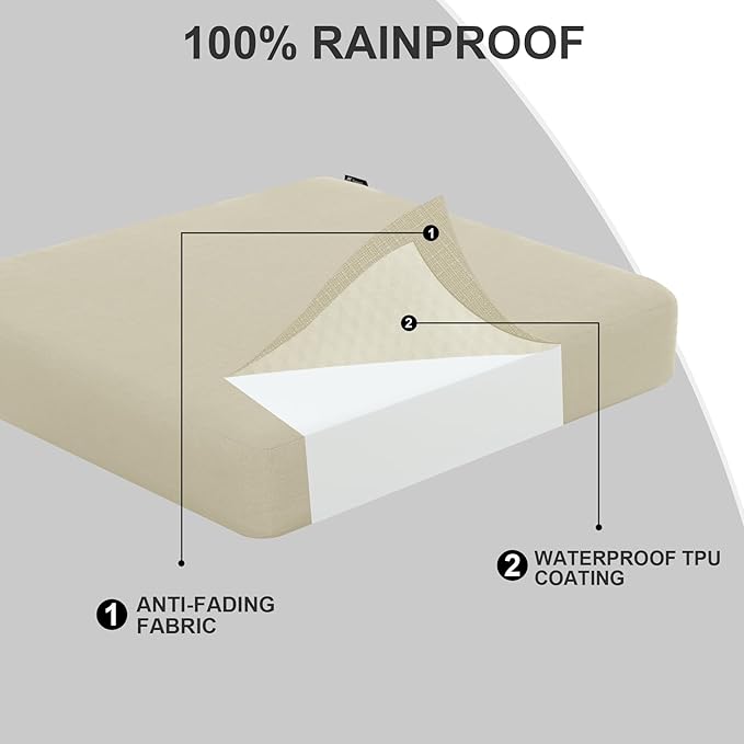Favoyard Outdoor Chair Cushion 22 x 22 x 3 Inch Rainproof & 3-Year Fade Resistant Patio Furniture Cushions with Removable Cover and Adjustable Ties for Garden Sofa Couch Pads Set of 2, Beige