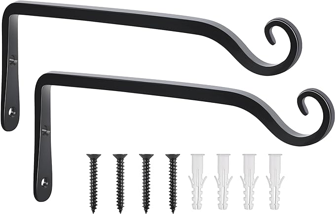 Gtongoko 2 Pack 10 Inch Plant Hangers Outdoor Metal Hanging Plant Bracket Bird Feeder Wall Hooks for Hanging Flower Basket, Wind Chimes, Solar Lanterns, Black