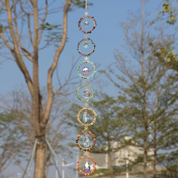 Crystal Sun Catcher Window Hanging 7 Chakra Spheres Gemstone Decor Hanging Ornament Natural Gem Wall Hangings Healing Crystal Decor Handmade Home Window Car Decoration Gift for Mom