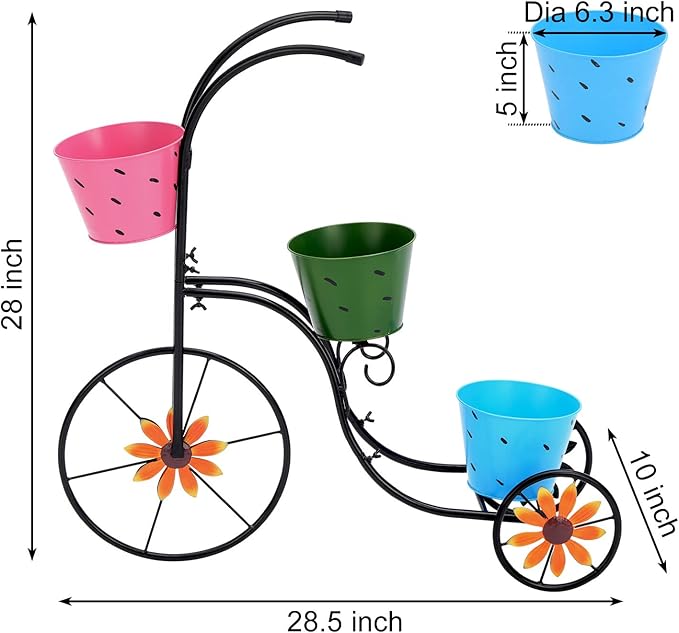 LEWIS&WAYNE Metal Tricycle Planter, 3 Tier Floral Flower Plant Stand Holder Hand Painted Outdoor Garden Patio Decor
