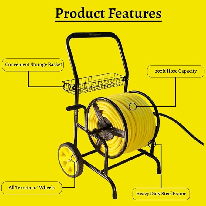 Heavy Duty Hose Cart with Wheels – Garden Hose Holder, Hose Reels for Outside, Metal Hose Reel Cart, 200ft Capacity