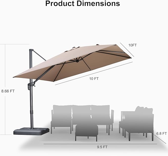 PURPLE LEAF 10 FT Cantilever Patio Umbrella Outdoor Aluminum Offset Square Umbrella with 3 Years Fade Resistance Recycled Fabric and 360-degree Rotation for Deck Pool Garden, Sand Dune
