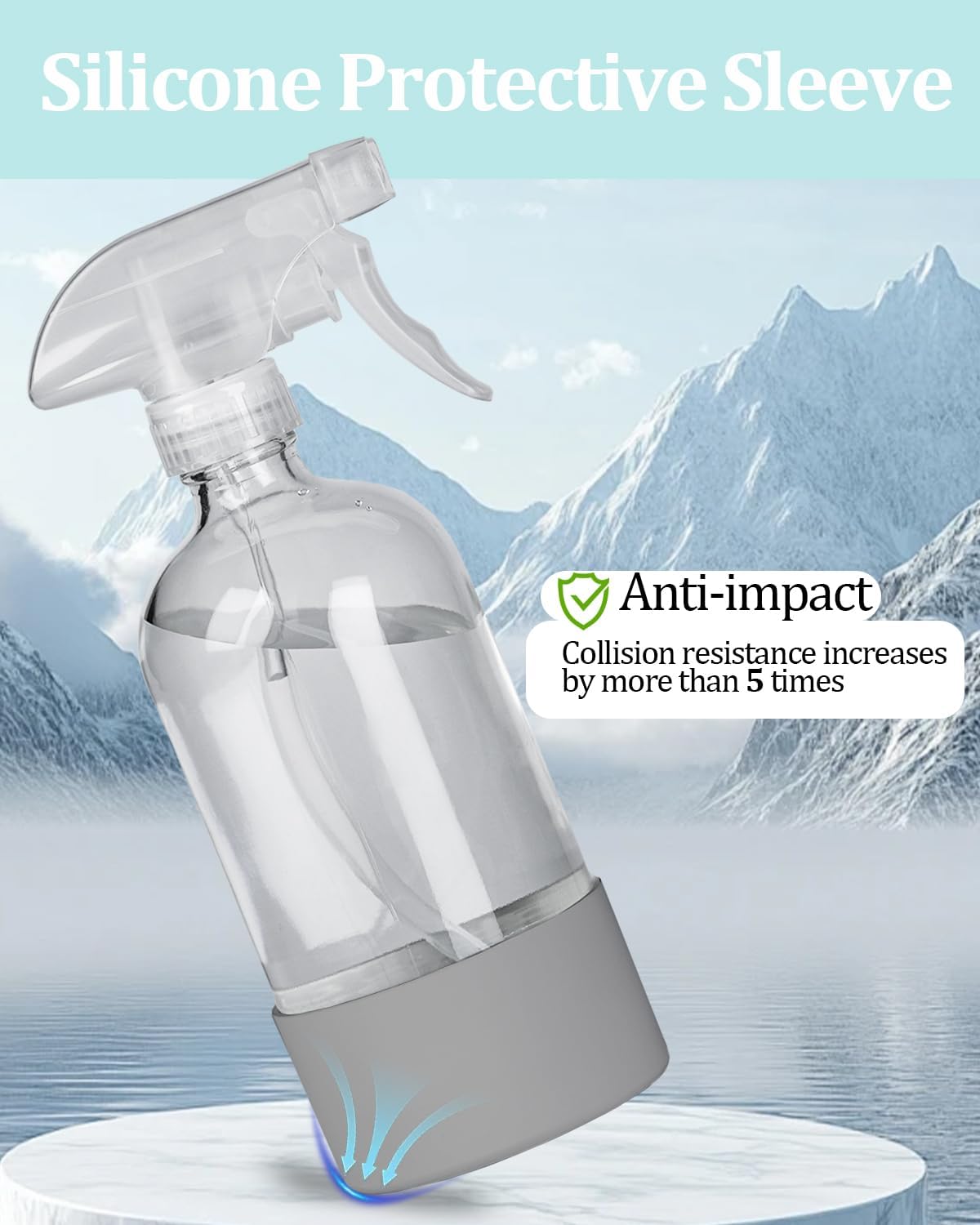 2 Pack 360° Glass Spray Bottles with Silicone Sleeve, 16 oz Empty Refillable Containers with Adjustable Spray Nozzles, Spray Bottles for Hair, Cleaning Solutions and Plants Grey&Blue