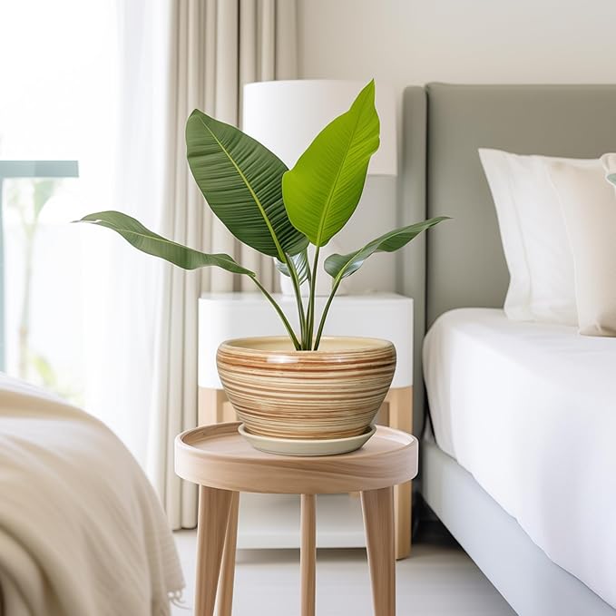 Indoor Planter 9 Inch - Ceramic Pots for Plants Plant Pot Indoor with Drainage Hole and Saucer Round Large Planter Modern Outdoor Flower Pot for House Patio Yellow