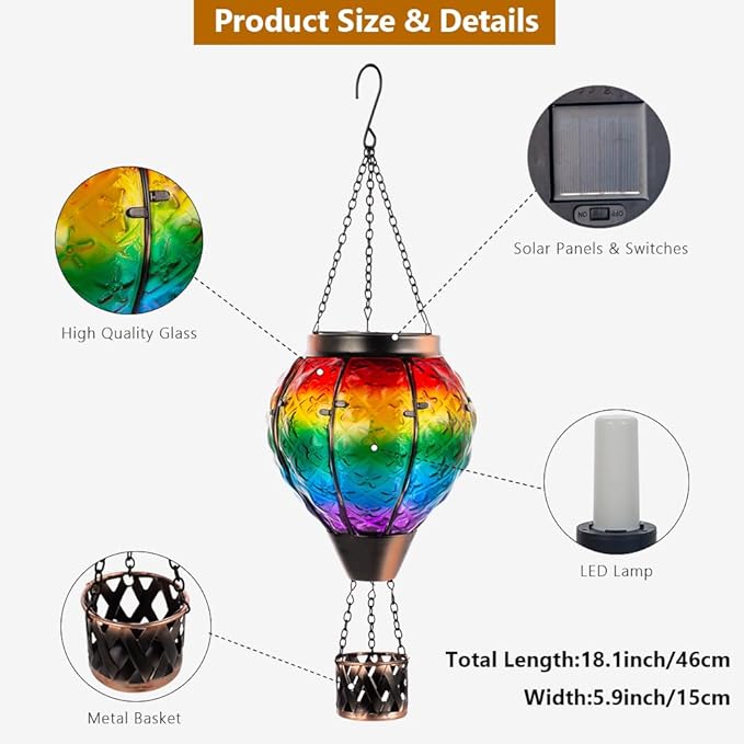 DREAMSOUL Rainbow Hot Air Balloon Solar Lantern, Metal & Glass With Flickering Flame, Hanging Waterproof Outdoor Lantern for Lawn, Patio, Tree Decor, Christmas Gifts