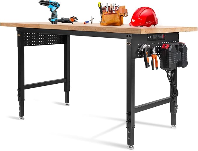 Height Adjustable Workbench Heavy Duty Work Table 2000 LBS Load Capacity 60”×22” Rubber Wood Work Station with Power Outlet & Pegboard for Garage, Workshop, Office,Party Shop, Home