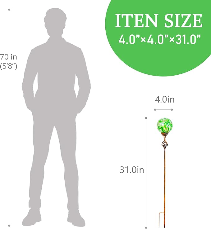 Garden Solar Lights, Decorative LED Honeycomb Glass Ball Garden Stake, Glass and Metal Outdoor Decoration, 4 x 31 Inch (Green)