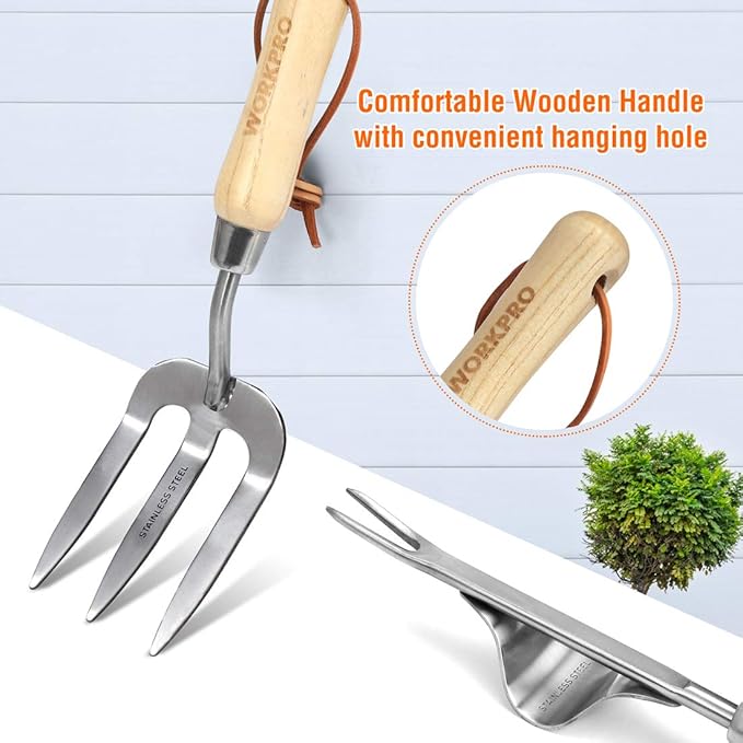WORKPRO Garden Tools Set, 8 Piece, Stainless Steel Heavy Duty Gardening Tools with Wooden Handle, Including Garden Tote, Gloves, Trowel, Hand Weeder, Cultivator and More-Gardening Gifts For Women Men