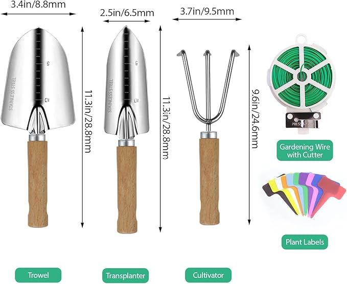 LeMotech Garden Tool Set, 3Pcs Stainless Steel Heavy Duty Gardening Kit Including Trowel Transplanter Cultivator Gardening Hand Tools with Beech Handle, Planting Tool for Women Men