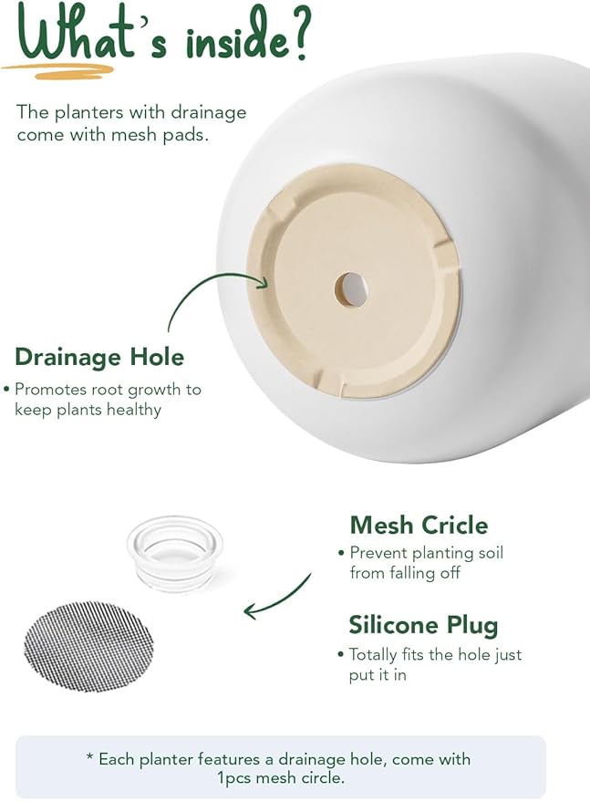 LE TAUCI 10 Inch Plant Pot, Ceramic Pots for Plants with Drainage Hole and Rubber Plug, Plant Pots Indoor for Olive Tree, Cylinder Planter Pot for Home Patio Office, White