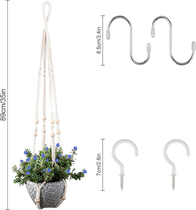 Macrame Plant Hanger for 5 to 10 Inch Plant Pots, Set of 2 Indoor Handmade 35 Inch Woven Rope Hanger Kits with Hooks and Wood Beads, Hanging Planter Basket Holder for Boho Home Decor (White, 2 Pack)