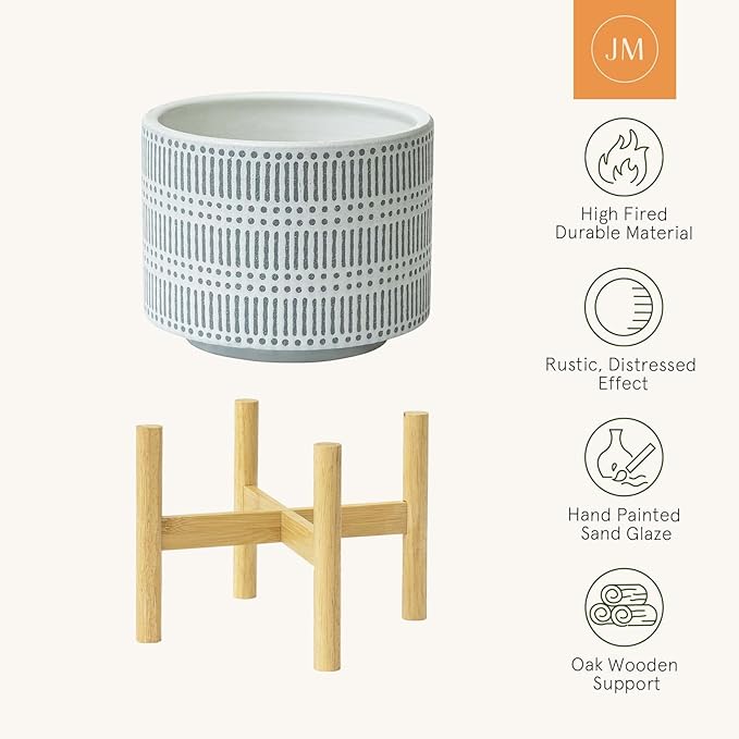LA JOLIE MUSE Ceramic Plant Pot with Wood Stand - 7.3 Inch Modern Round Decorative Flower Pot Indoor with Wood Planter Holder, Slate Blue and White