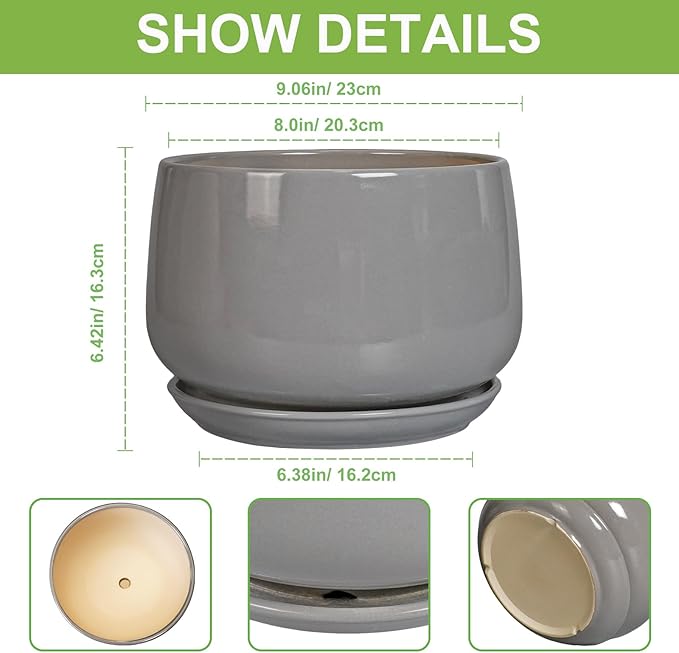 G EPGardening Ceramic Plant Pots - 9 Inch Modern Round Planter with Drainage and Plant Saucer for Indoor Outdoor Flower, Apartment Decor, Birthday Gifts, Grey