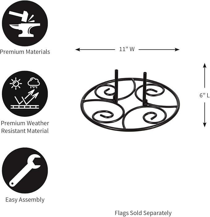 Evergreen Flag Metal Elegant Scroll Stand Base | Sturdy 2 lbs Solid Steel | Black | Designed for Garden Flag Stands | 11 Inches Wide x 6 Inches High | Outdoor American Flags and Seasonal Holiday Decor
