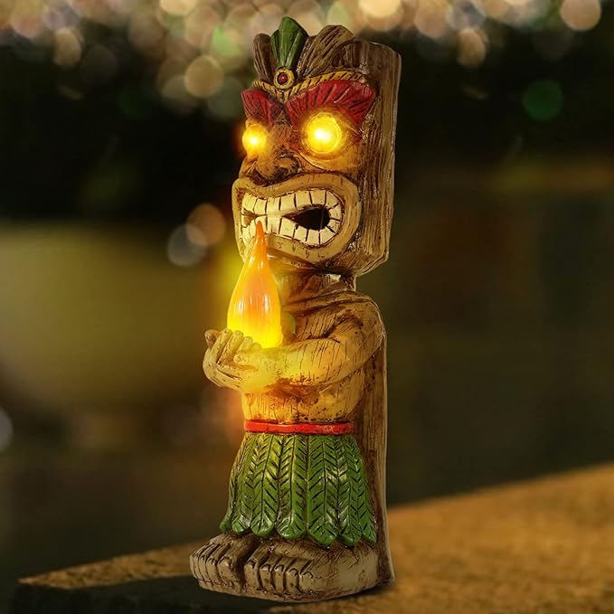 13" Tall Solar Torch Tiki Garden Statue, Resin Large Tiki Decor Figurine with Solar Lights, Hawaiian Tiki Man, Outdoor Patio Yard Lawn Bar Party Beach Pool Pond Decoration, Valentine's Day Gift