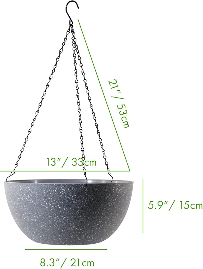 WOUSIWER 13 inch 2 Pack Large Hanging Planters for Indoor Outdoor Plants with Drainage Holes and Chain, Round Hanging Flower Pots for Garden Home Porch Decor, Grey Speckles