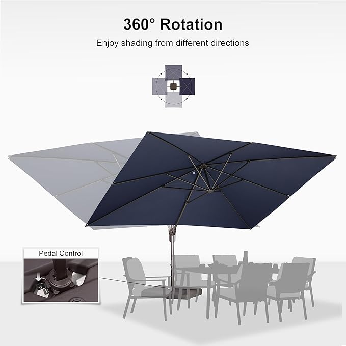 PURPLE LEAF 10' X 13' Patio Cantilever Umbrella Rectangle Umbrella Outdoor with Aluminum Offset Hanging and 360° Rotation for Pool Garden Deck Patio, Navy Blue