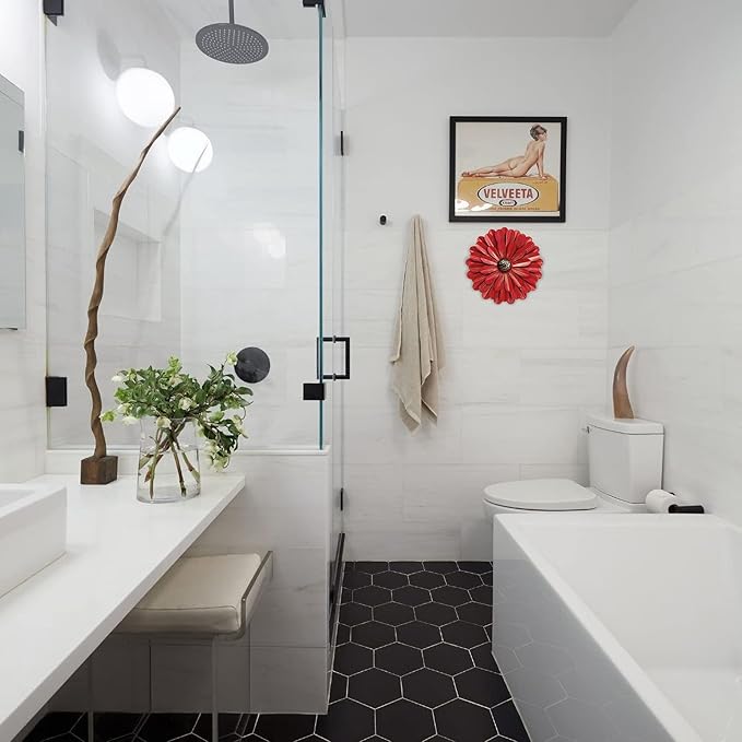 EASICUTI Red Metal Flowers Wall Decor Metal Wall Art Decorations Hanging For Indoor Outdoor Home Bathroom Kitchen Room Bedroom Living Room Garden Patio Porch 12 Inch