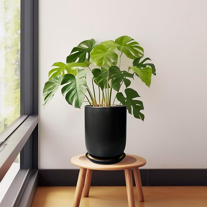 Ceramic Planter 8 Inch - Plant Pot for Indoor Outdoor Plants Cylinder Flower Pot with Drainage Hole and Saucer Black