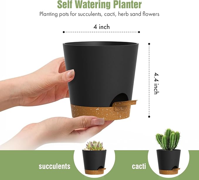 4 inch Self Watering Pots for Indoor Outdoor Plants, 6 Pack Plastic Flower Planters with Drainage Holes and Removable Saucers, Plant Pots with Wicking Rope, Modern Decor, Black Brown