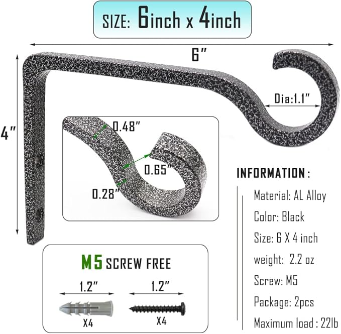 Hanging Plant Bracket 6inch Metal Plant Hook Decorative Wall Plant Hanger for Hanging Lanterns, Bird Feeder, Flower Basket, Home Decor Indoor & Outdoor (2, Silver Hammertone)