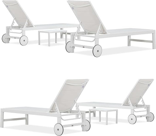 PURPLE LEAF Outdoor Chaise Lounge Staight Legs Adjustable Sunbathing Recliner with Side Table Cream 2 Sets