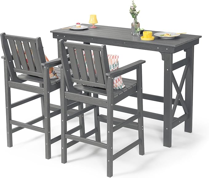 3 Pieces HDPE Outdoor Patio Bar Set, Rectangular Bar Height Table and Chairs Set, Patio Bar Stools Set, HDPE Outdoor Bar Table and Chairs Set for Balcony, Poolside, Porch, Smoke Gray
