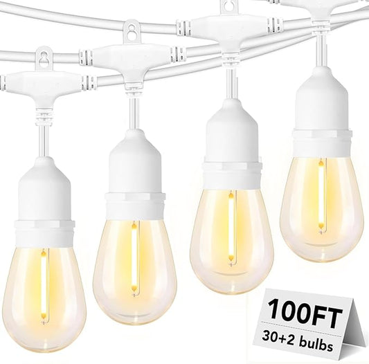 SUFEIMAS 100FT White Outdoor String Lights,IP65 Waterproof 30+2 Plastic LED Bulbs 2700K White Patio String Lights for Outside Porch, Pergola, Backyard, Bistro, Garden,Wedding Lights