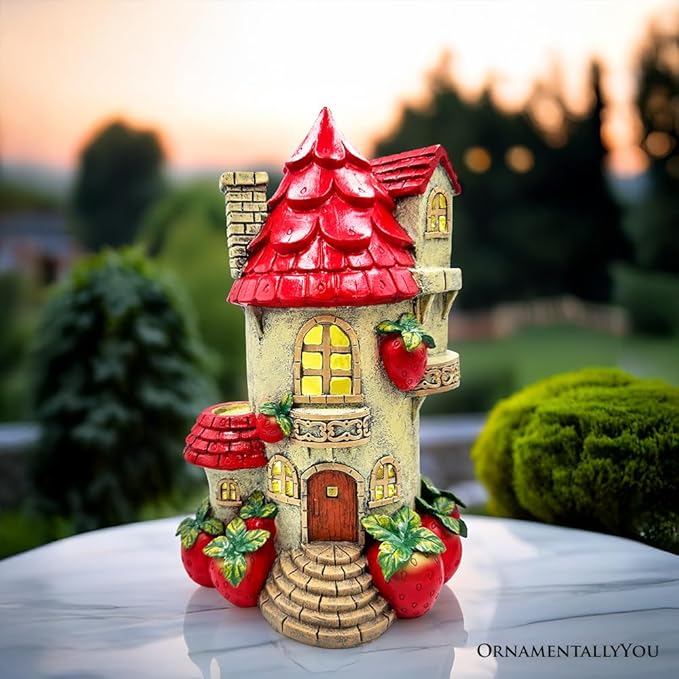 Spring & Summer-Themed Garden Statues – Adorable Outdoor Decor for Lawn, Patio & Porch (Solar Powered Strawberry Fairy Home Garden Statue, 10" Unique Spring Decoration)