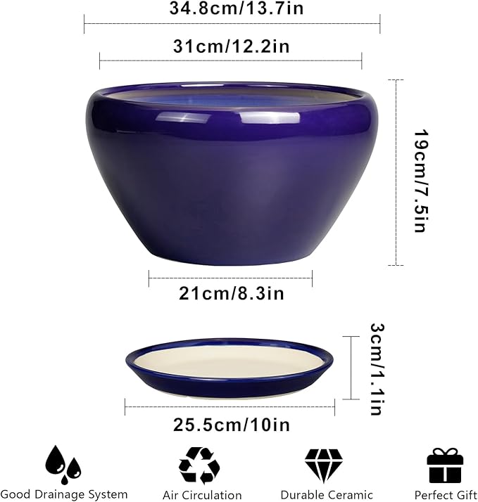 Ceramic Planter - 13 Inch Indoor Plant Pot for Plants with Drainage Hole and Saucer Large Planter Round Outdoor Flower Pot Mid-Century for House Patio Room Decor Blue