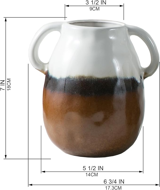 Multi Gradient Ceramic Vase with 2 Handles, Modern Farmhouse Decor, Rustic Terracotta Pottery, Decorative Flower Vases, Clay Small Vase, Centerpiece for Dining Table - 7 Inch Tall
