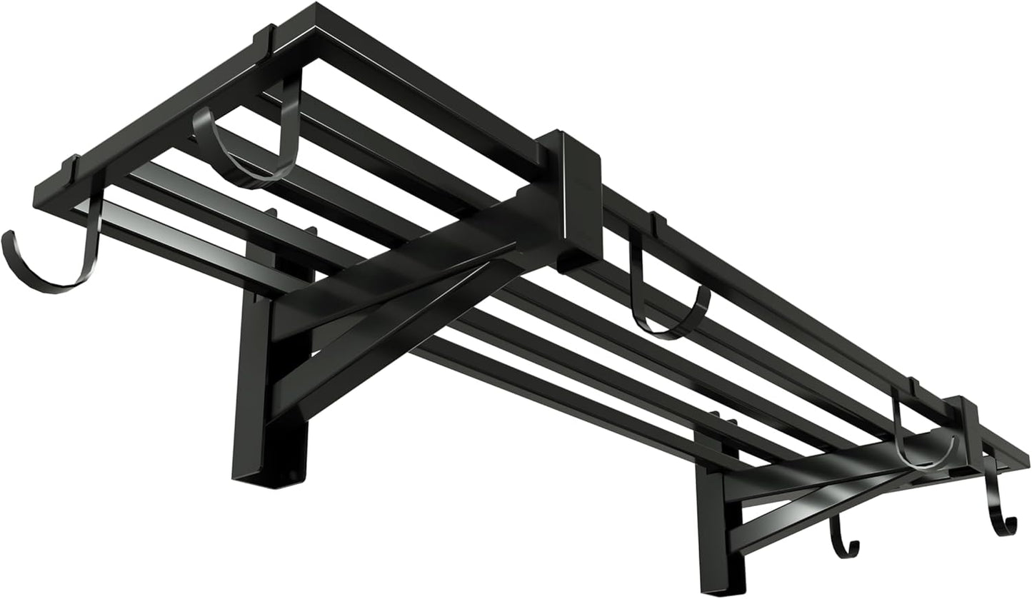 1-Pack Garage Wall Shelving,Heavy Duty Garage Storage Shelves, Wall Mounted Storage Shelving with 6 Hooks, 250LB Capacity, Black