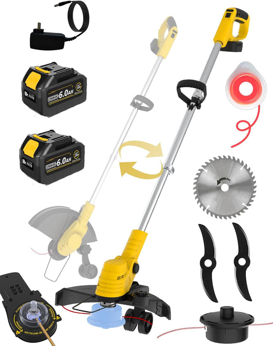 20000 RPM(6.0AhX2) Electric Weed Wacker,Dual-Durable-Line,Metal Blades,Wheel,4-in-1 Battery Powered Weed Eater Cordless+String Trimmer+Edger Lawn Tool+Brush Cutter,Weed Whacker
