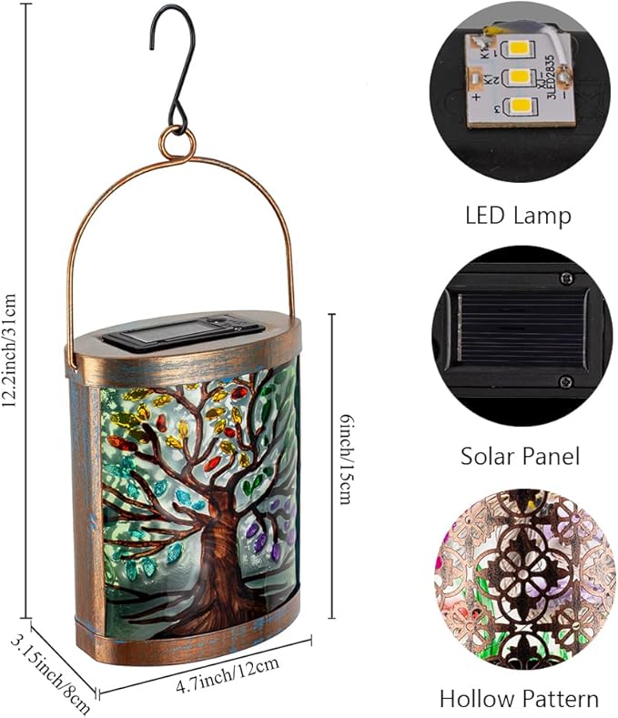 Starsoul 2 Pack Hanging Solar Lantern Outdoor Waterproof Glass Tree of Life Decorative Solar Lights for Outside Garden Yard Table Patio Decor
