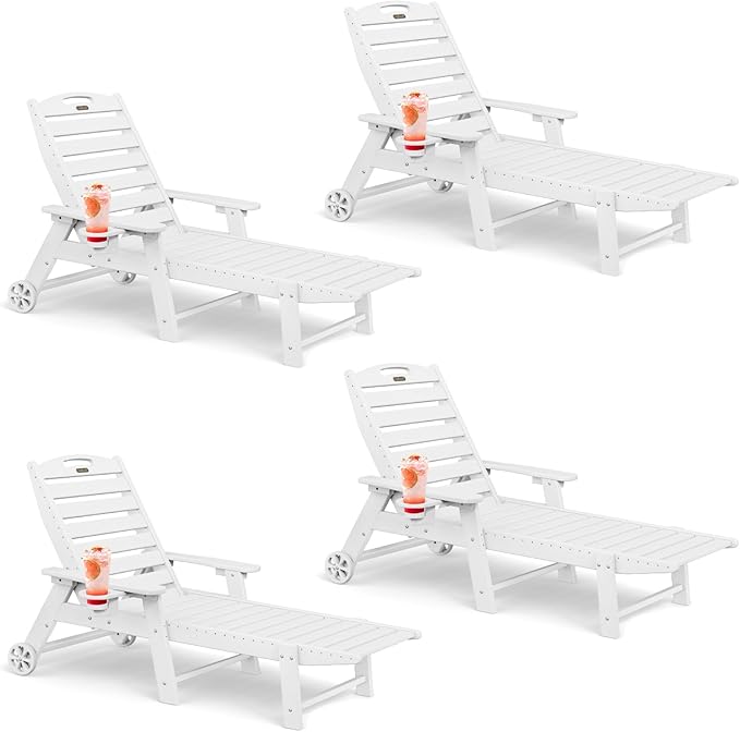 Lounge Chair Outdoor Set of 4 with Wheels, Adjustable 6-Position Chaise Lounge Outdoor, Patio Lounge Chair for Poolside Backyard, White