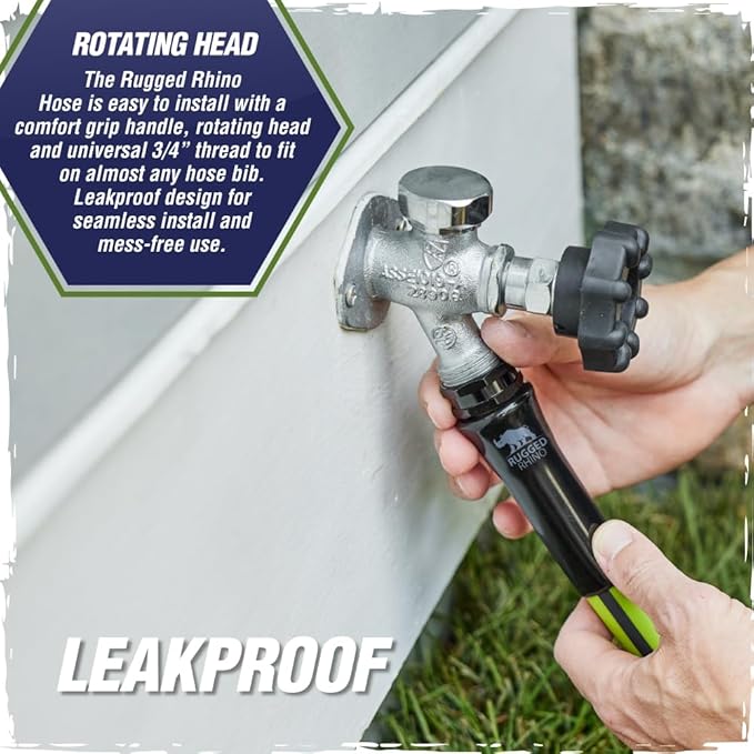 Rugged Rhino Heavy Duty Flexible Light Weight Garden Hose, 75ft x 5/8in, 4 Layer Leakproof Outdoor Gardening Tools, Watering Supplies, Powerful Water Pressure for Lawn, Flowers, Green Black